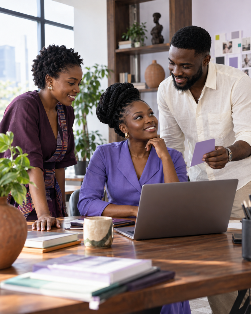 African creatives reviewing campaign ideas around a laptop in a contemporary studio.