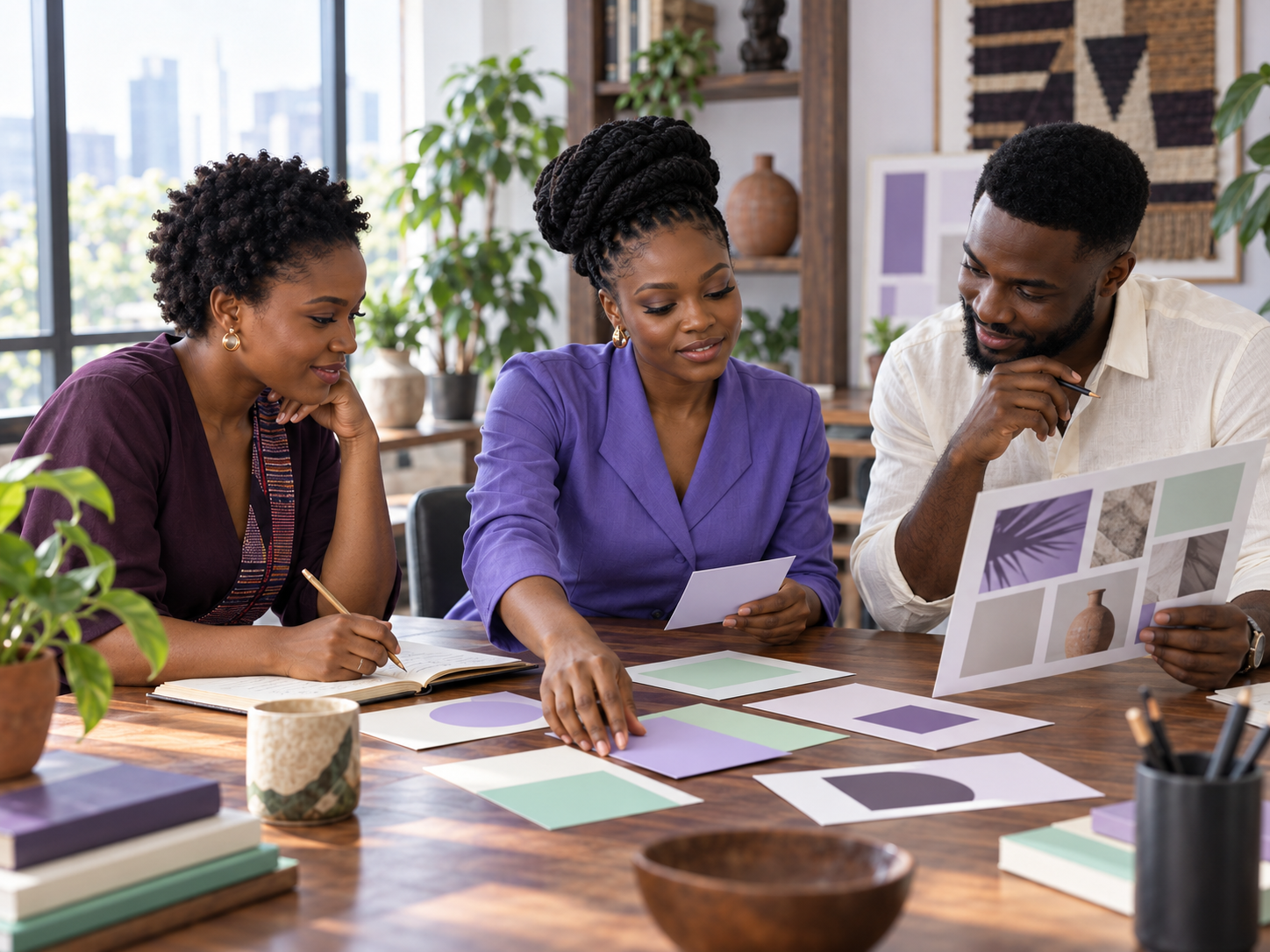 African creatives reviewing campaign concepts and colour samples in a contemporary studio.